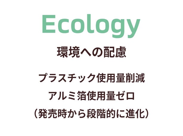 Ecology 環境への配慮 プラスチック使用料削減 アルミ箔使用料ゼロ（発売時から段階的に進化）