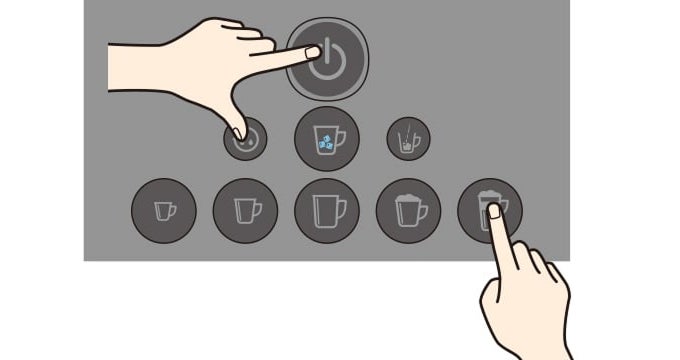 電源がオフの状態で、電源ボタン、クリーニングボタン、カフェラテを同時に押し、そのまま3つのボタンを7秒以上押し続ける