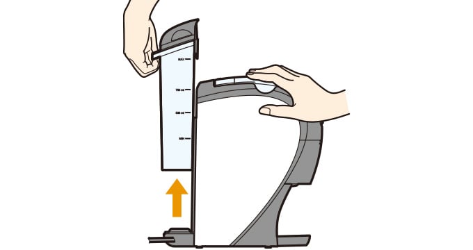 02 電源がオフになっていることを確認し、給水タンクを本体から完全に取り外す