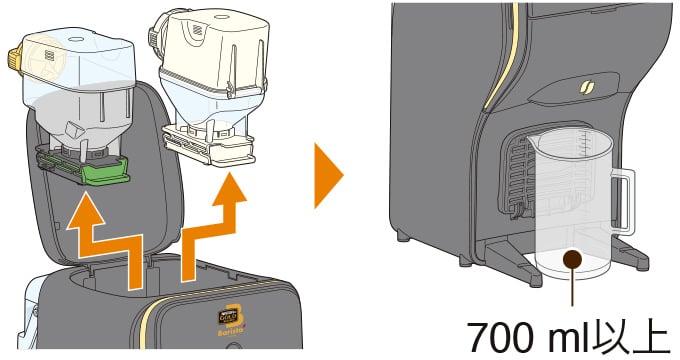"コーヒータンクとブライト タンクを外してトップカバーを閉め、700ml以上の容器 を抽出口の真下に置く"