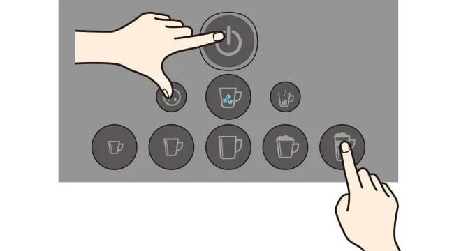 電源がオフの状態で、電源ボタン、クリーニングボタン、カフェラテを同時に押し、そのまま3つのボタンを7秒以上押し続ける