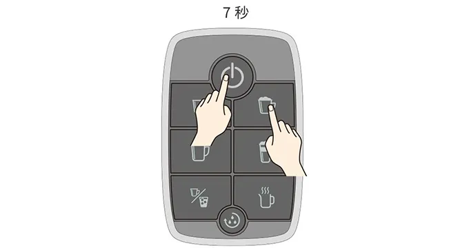 電源がオフの状態で、カプチーノを押しながら 電源ボタンを押し続ける（7秒以上）