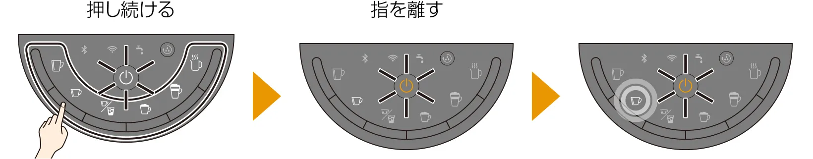 濃さを調整したいメニューボタンを押したままにし、電源ボタンがオレンジ色に点灯したら指を離す