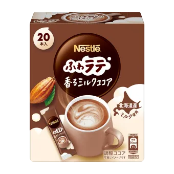 ネスレ ふわラテ 香るミルクココアは豊かなカカオの香りが引き立つ、まろやかなミルク感とほんのりした甘さのミルクココアです。カカオポリフェノール入り※60-150mg／1杯(7.7g)当たり